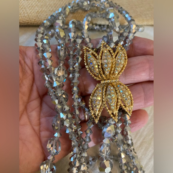 Multi-Strands Crystals‎ Beaded Necklace with Fancy Clasp Side Pendant Vintage - Picture 4 of 13